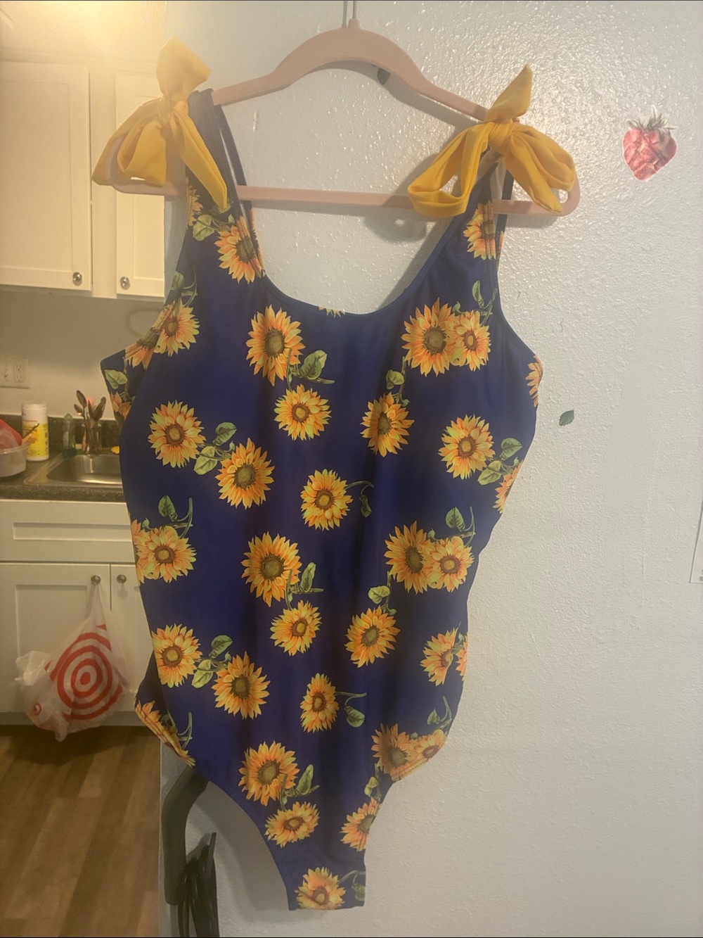 SHEIN Navy One-Piece Swimsuit with Yellow Sunflower Print & Yellow Tie-Straps